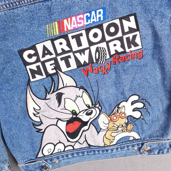 Vintage Cartoon Network Wacky Racing NASCAR Denim Jacket Small Blue Tom & Jerry - Picture 8 of 12